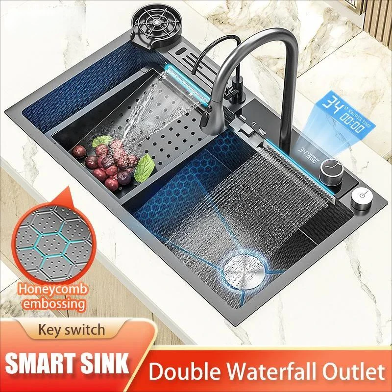 Double Waterfall Kitchen Sink Digital Display Kitchen Faucet Embossed Large Single Slot Stainless Steel Multifunctional Sink