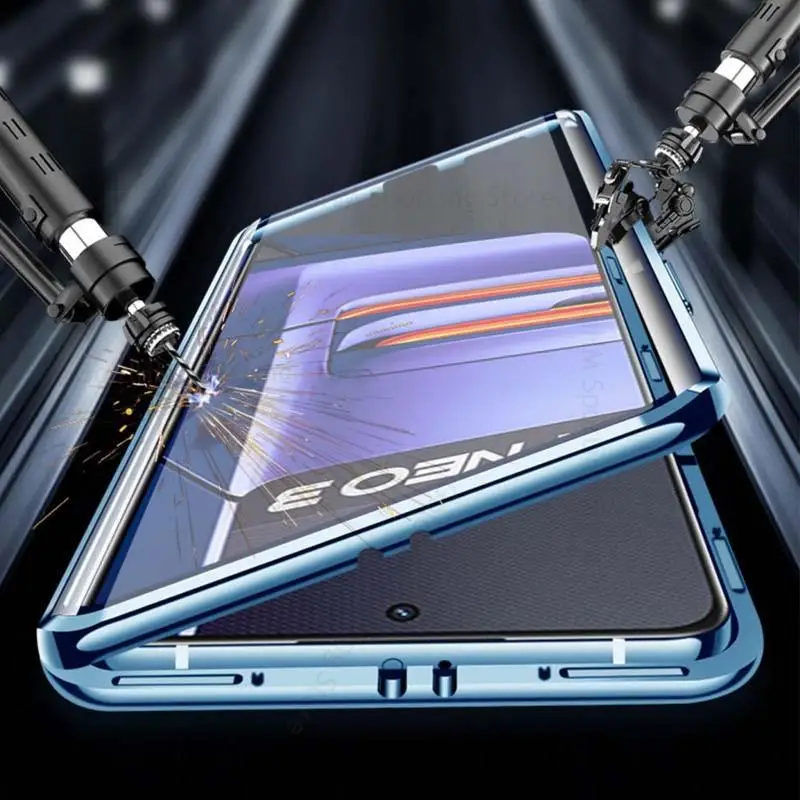 For Realme GT Neo3 Magnetic Adsorption Tempered Glass Phone Case For Realme GT Neo 3 360 Double Sided Film Protector Flip Cover