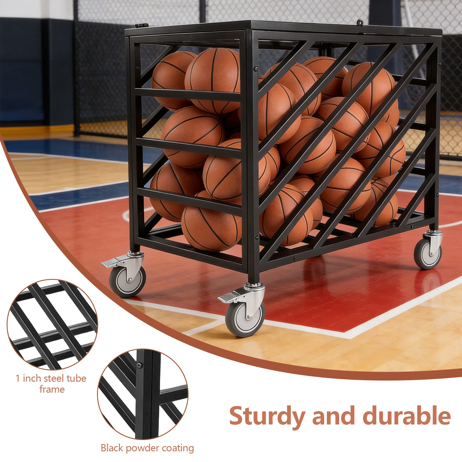 

Basketball Rack with Wheels Rolling Exercise Ball Holder with Lockable Lid for Gyms Schools Clubs Indoor and Outdoor