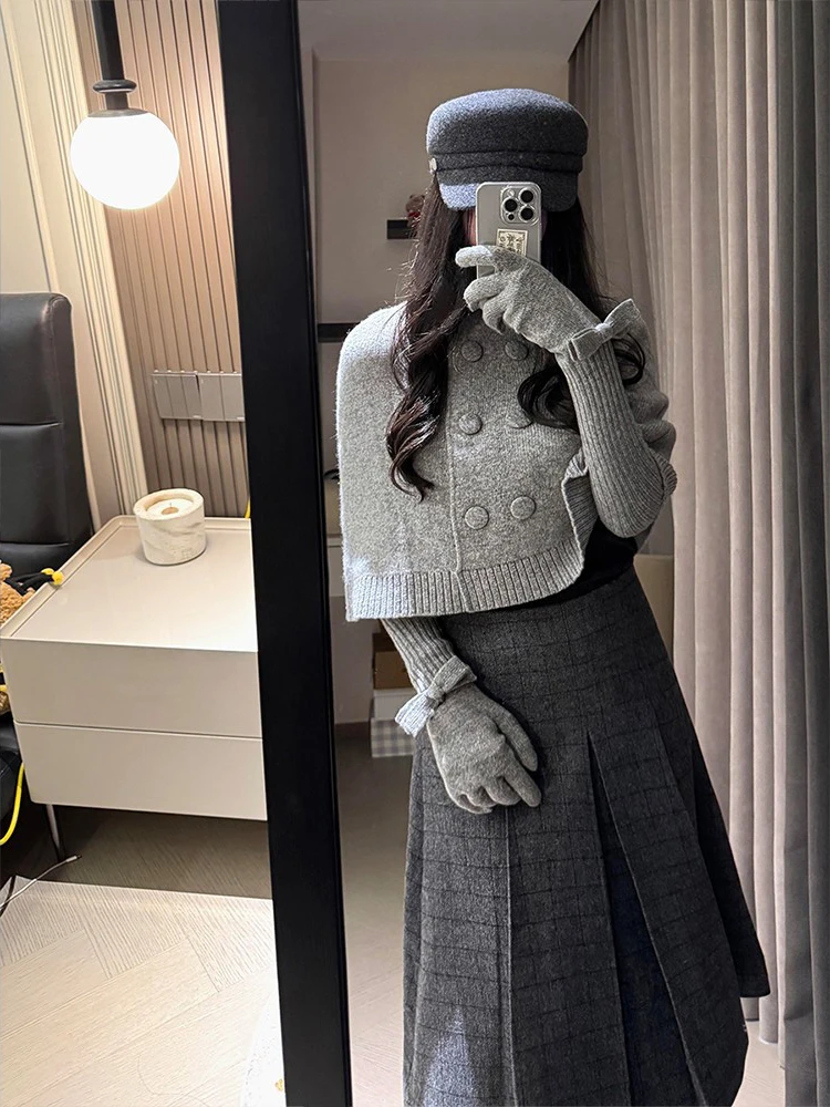 Unique Early Spring Woolen Coat And Plaid  Skirt Set Elegant Slimming Age-Defying Petite Fashion Ensemble by MARIE. 