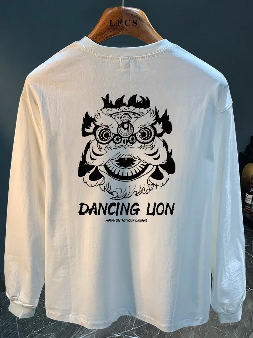 

Vintage Print Long Sve Pure Cotton round Ne T-irt Men's Spring Autumn Chinese Trendy Large Size Casual Top