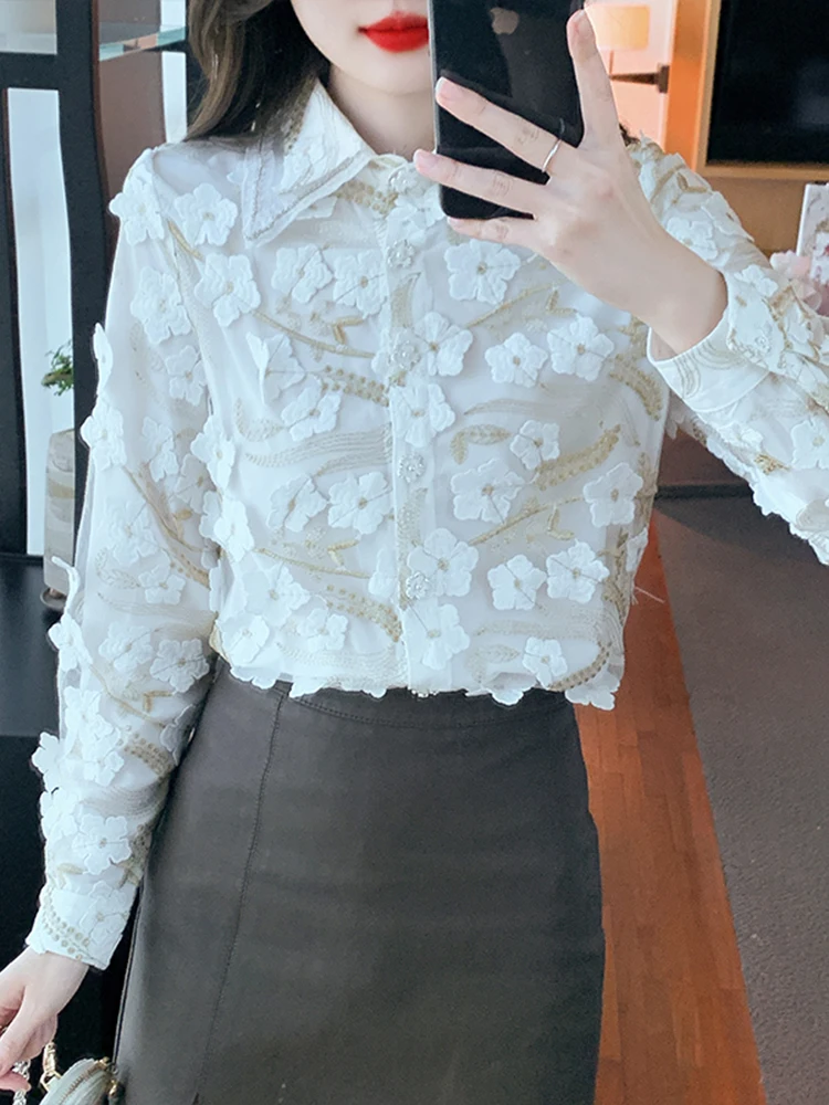 QOERLIN Long Sleeve Chiffon Shirt Women Elegant Fashion Embroidered Designer Tops Blouse Single-Breasted Tops 2023 Korean Style