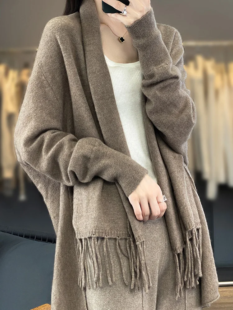 Luxury 100% Merino Wool Women\'s Tassel Poncho Shawl Thick Sweater Soft Warm Autumn Winter Jacquard Cashmere Knitwear Shawl