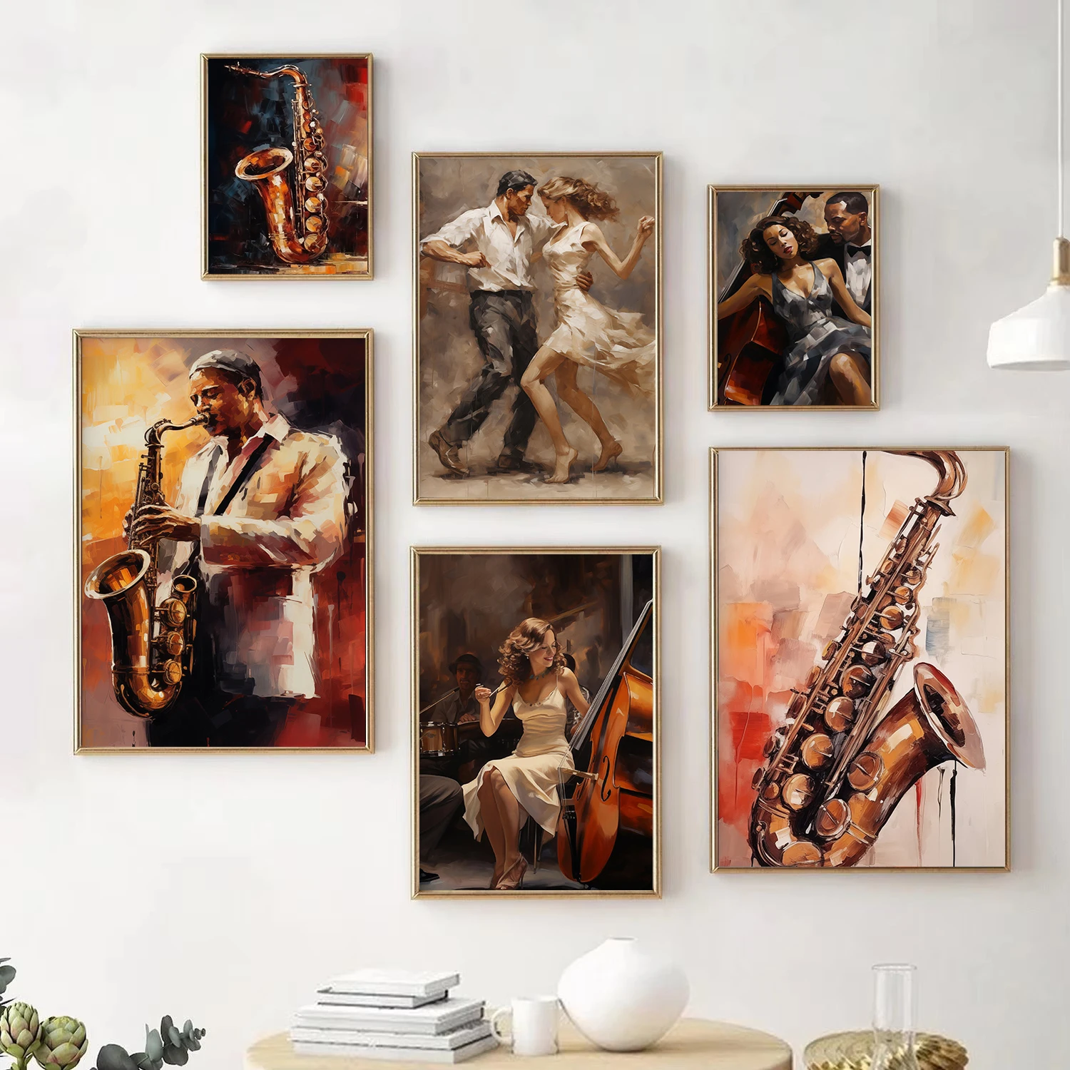 Vintage Jazz Swing Concert Instruments, abstrato banda dançarina Poster, lona pintura a óleo, Wall Pictures, Home Interior Decor, presente