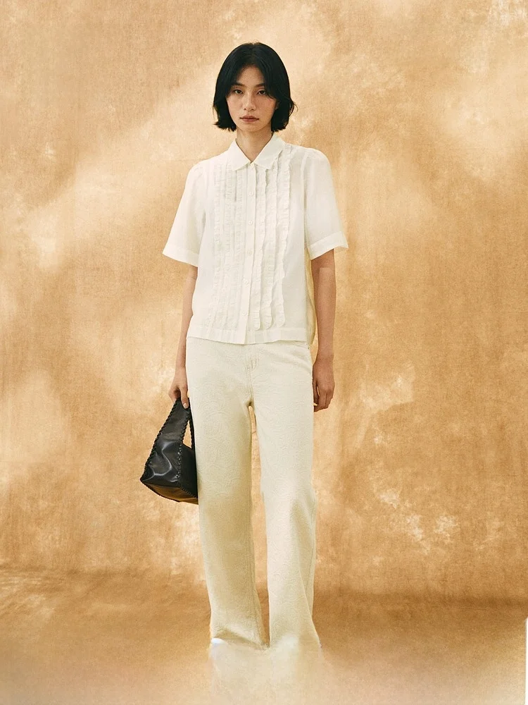 

H&M Women's Shirt Summer Tassel Trim Thin Weave Bubble Sleeve Pleated Lyocell Top 1306313 Polyester Lyocell Fiber Blend