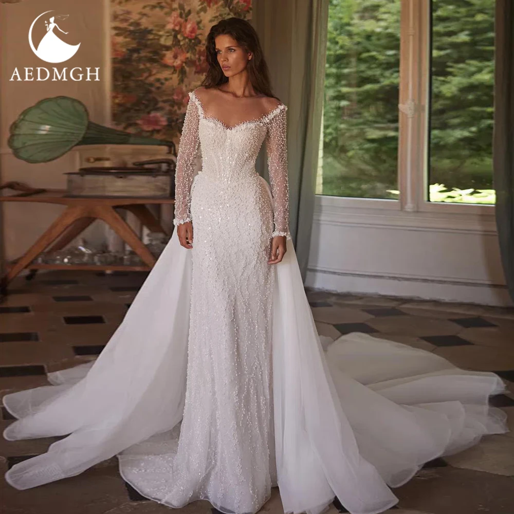 

Aedmgh Русалка Сексуальные свадебные платья без бретелек 2 в 1, труба Vestido De Novia, расшитые бисером и блестками, свадебные платья на заказ