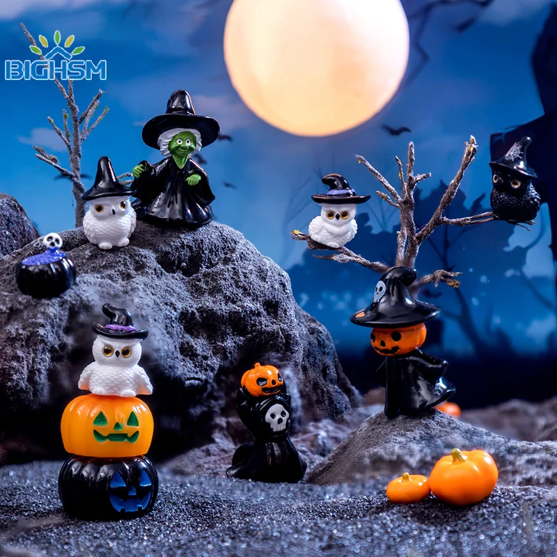 Mini Halloween Ornament Cartoon Witch Ghost Pumpkin Figurine Micro Landscape Dollhouse Model Car Interior Desktop Decoration