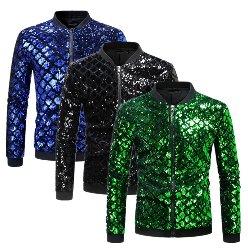 Fashion Men Baseball Collar Sequin Jacket Green / Black / Blue Trendy Homme Party Dance Bar KTV Luxurious Casual Coat