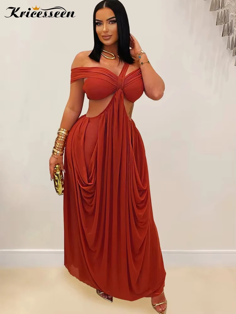 Kricessen Wunderschönes, schulterfreies, unregelmäßig drapiertes, langes Maxikleid mit Ausschnitten für Damen, glamouröses Mesh-Patchwork-Partykleid, Nachtclubwear