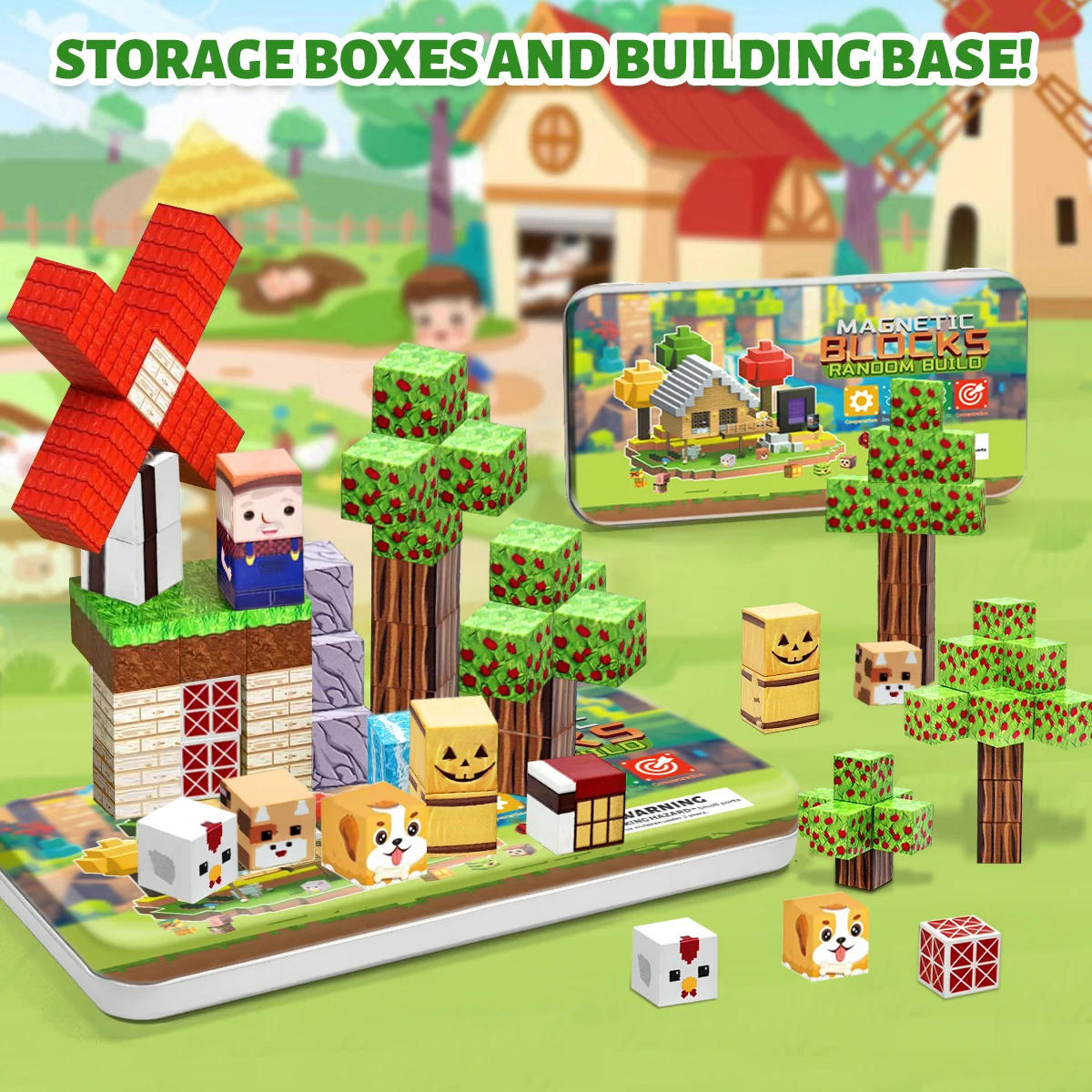 35 قطعة اللبنات المغناطيسية مجموعة المزرعة لعمر 3 + DIY نموذج الأطفال الجذعية لعبة حسية تعليمية مع صندوق حديد