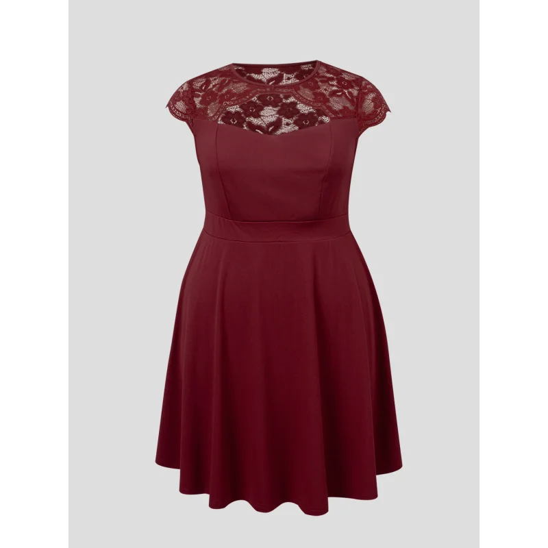 Plus-Size-Midikleid für Damen, Spitze, kurze Ärmel, Ausschnitt vorne, A-Linien-Schnitt, hohe Taille, ausgestelltes Kleid, elegantes Party- und Abendkleid. – Detail 6