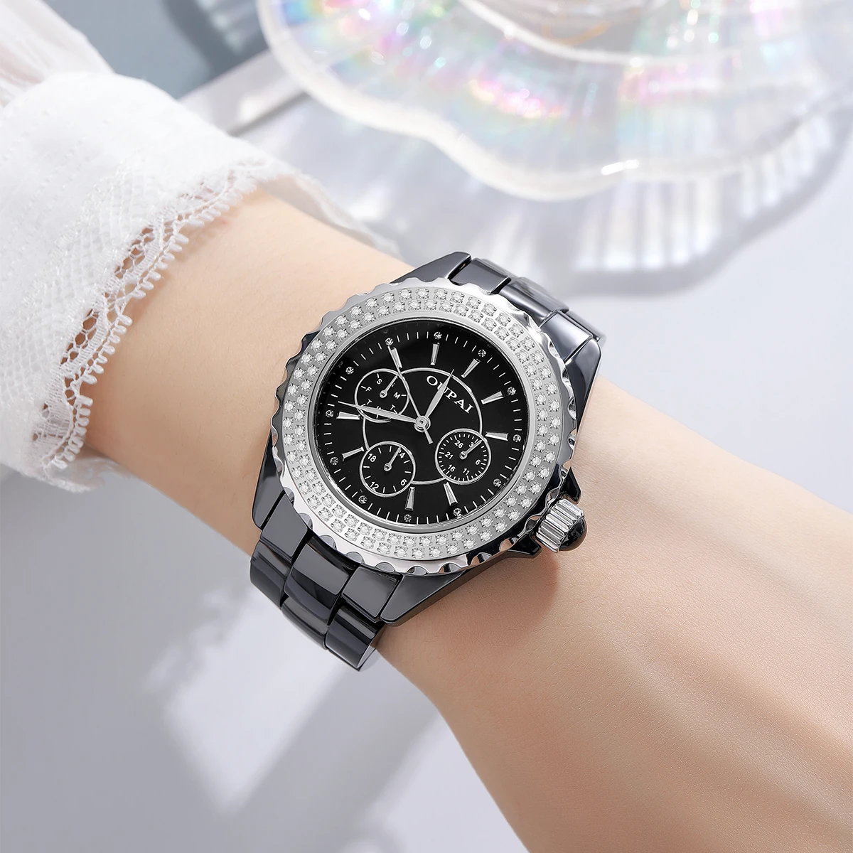 

Oupai round dial, white ceramic strap watch, women's rotatable bezel, quartz move, 24 hour, waterproof, women's watch, stylish