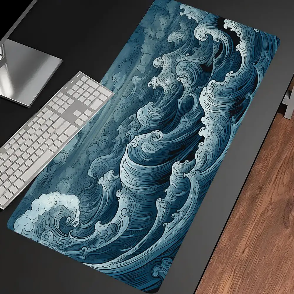 Blue Ocean Wave Extended Desk Mat Non Slip Rubber Stitched Edge Large Mousepad for Laptop PC Office Desktop Gaming Spot