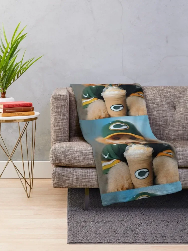 Funny Coffee Drinking Labradoodle Dog in Baseball Hat and Football Shirt Throw Blanket Quilt Warm Blankets