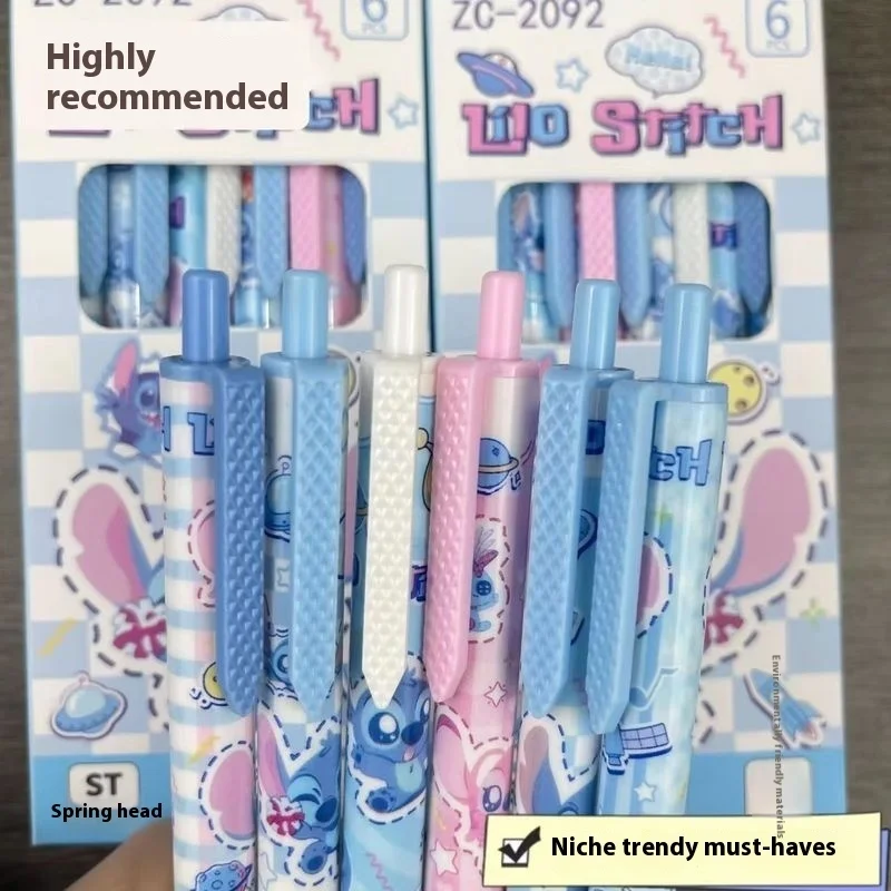 Stitch 6/12pcs Gel Pen Cartoon Set Disney Press Quick Drying 0.5mm Black Student Learning Office Stationery Teacher Reward Gift
