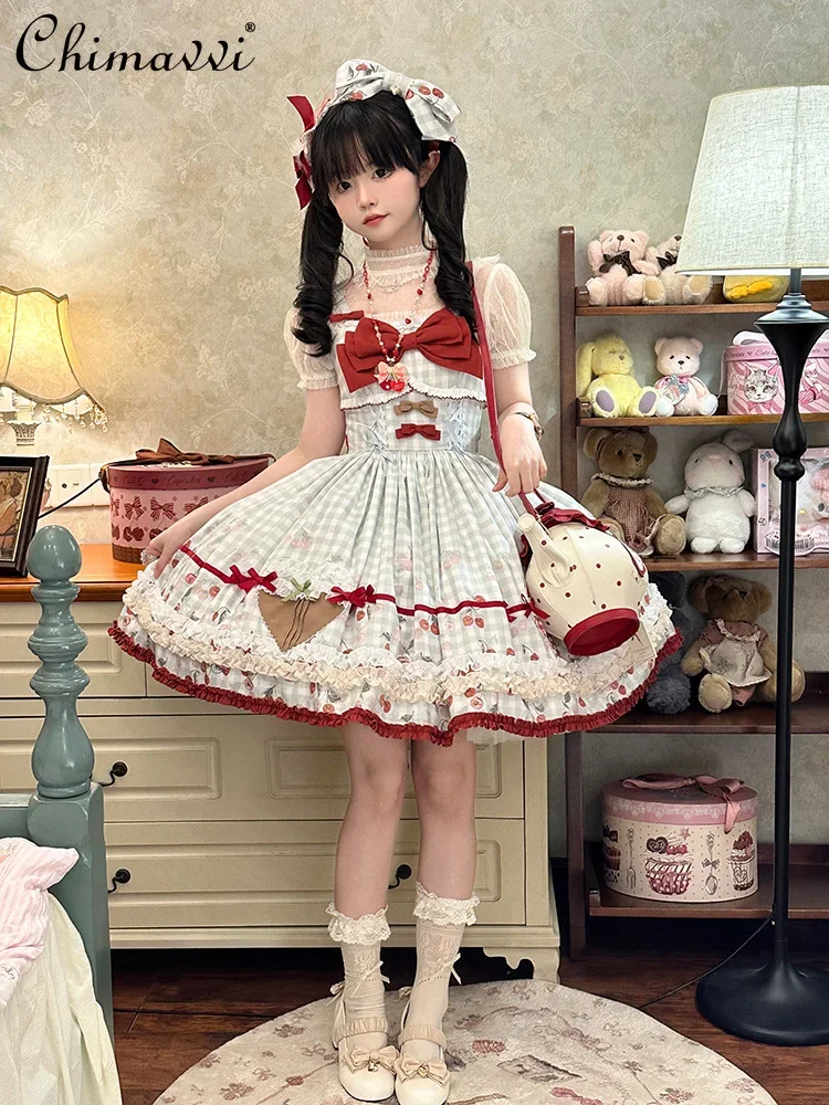 

Sweet and Cute Girls Bow Womens Princess Puffy Short Dress New 2024 Summer High Waist Kawaii Princess Lolita Lady Jsk Dresses