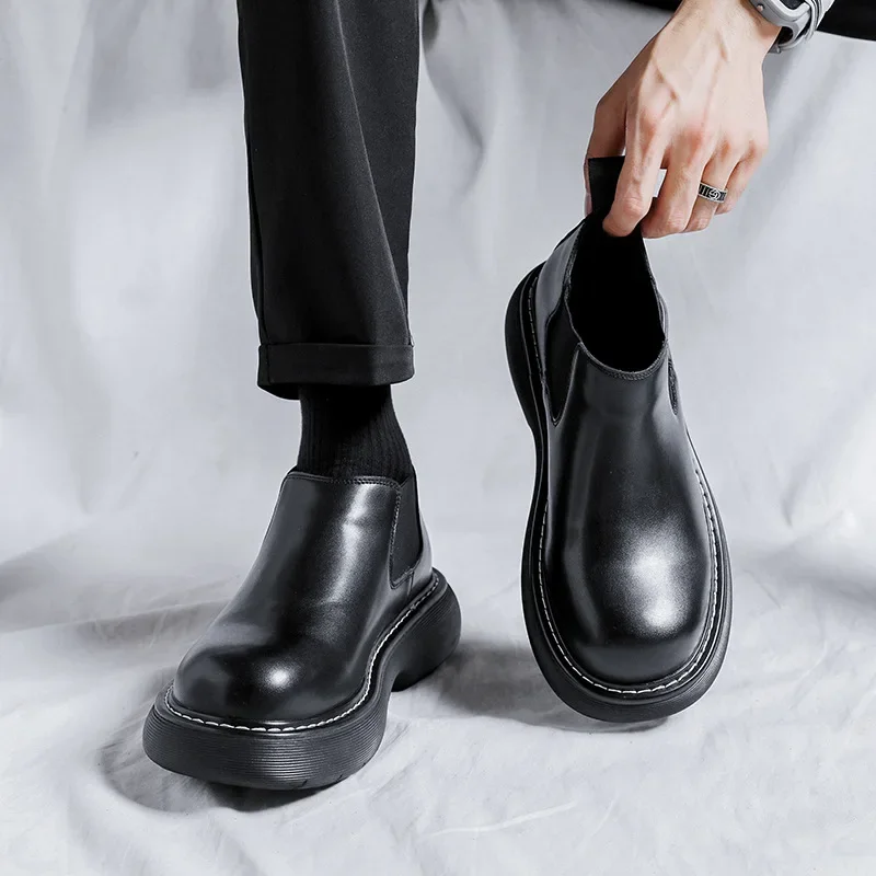 2024 Men's Japan Karajuku Korean Style Fashion Streetwear Thick Platform Casual Black Leather Shoes Slip On Dress Leather Shoes