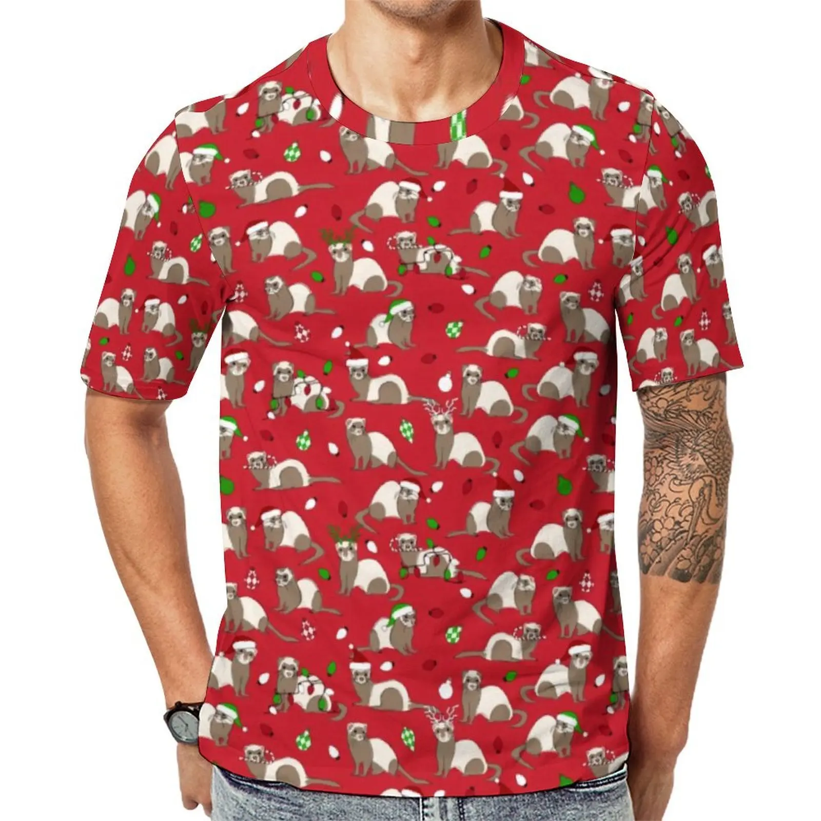 Summer T-Shirt Christmas Ferret T-Shirts Funny Animal Print Casual Trendy Tees For Men Short-Sleeved Graphic Oversized Clothing