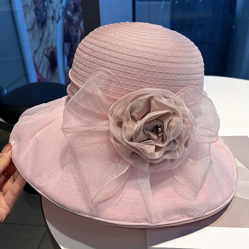 Fashion Organza Flower Casual Sunscreen Hat Breathable UV Protection Bucket Hat Women Elegant Fisherman Hat Outdoor
