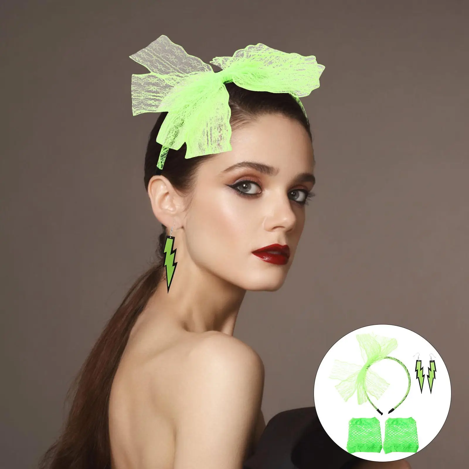 Kanten hoofdband oorbellen Visnethandschoenen 80s Feestkostuums Neon Oorbellen Accessoires Dames Retro Disco Halloween Cosplay