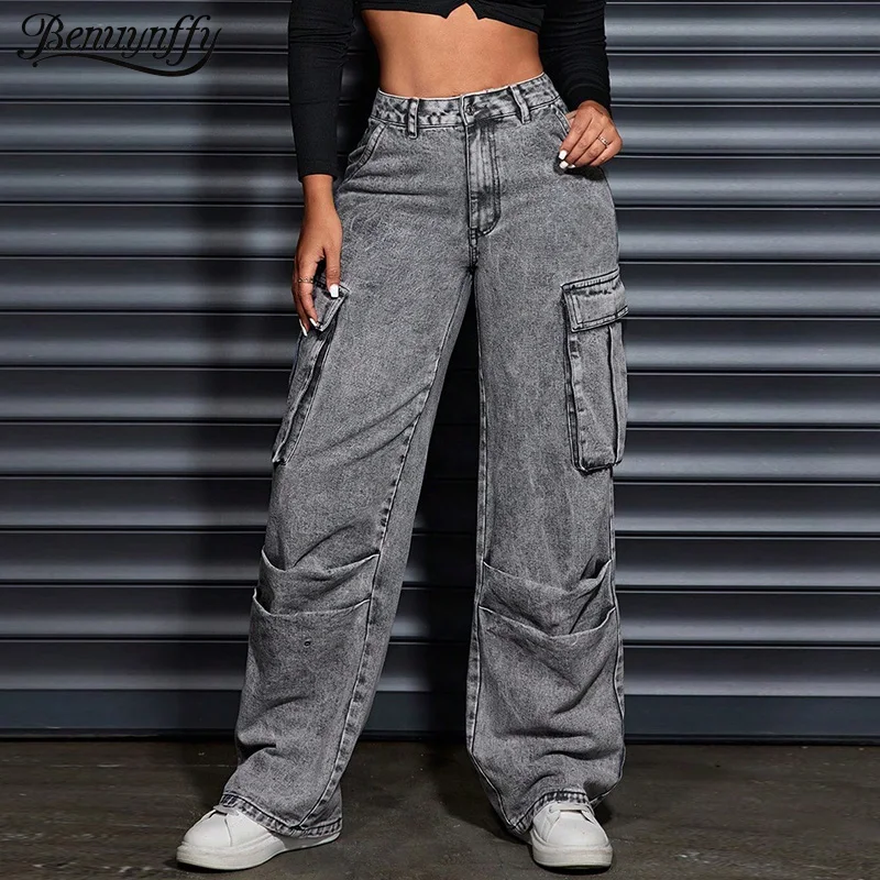 

Benuynffy Streetwear Vintage Mid Waisted Baggy Wide Leg Jeans Y2K Fashion Women's Big Pocket Casual Hip-hop Cargo Denim Pants