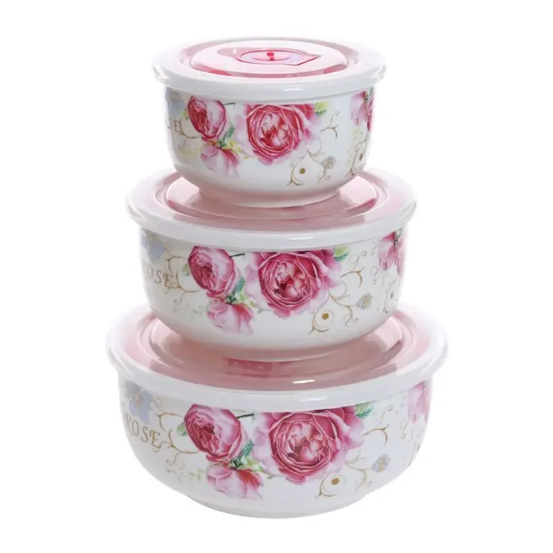 Microwave heating bowl set Ceramic bowl with lid large fresh-keeping bowl Household sealed box Three-piece set with rice