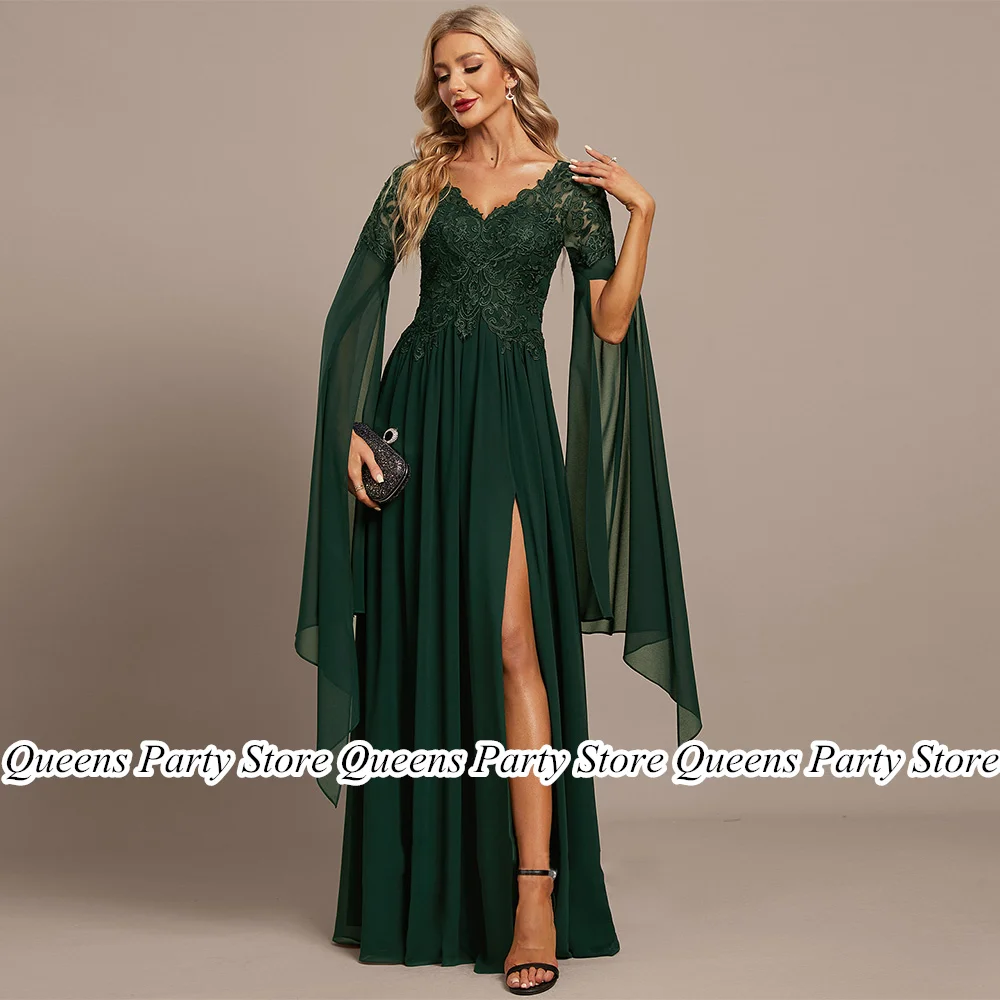 Chiffon Mother of The Bride Dress Long Sleeves V Neck Illusion Back Applique A Line High Split Wedding Party Dresses Guest Gown