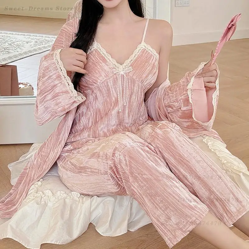 

New Velvet Women's 3PCS Pajamas Set Homewear Sexy Elegant Lace Strap Top&trouser Sleepwear Robe Pijamas Suit Loose Loungewear