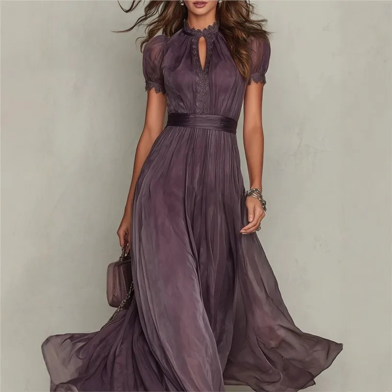 Böhmisches Vintage-Kleid mit Spitzeneinsätzen, Stehkragen, Laternenärmeln, Plissee und Weitem Rock für Urlaub und Strand