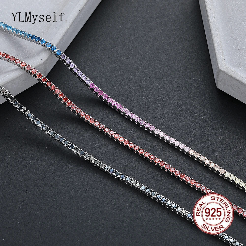 2mm czarny/biały/granat czerwony/turkusowy/tęczowa cyrkonia sześcienna Fine Jewelry 2 MM czysta srebrna bransoletka tenisowa S925