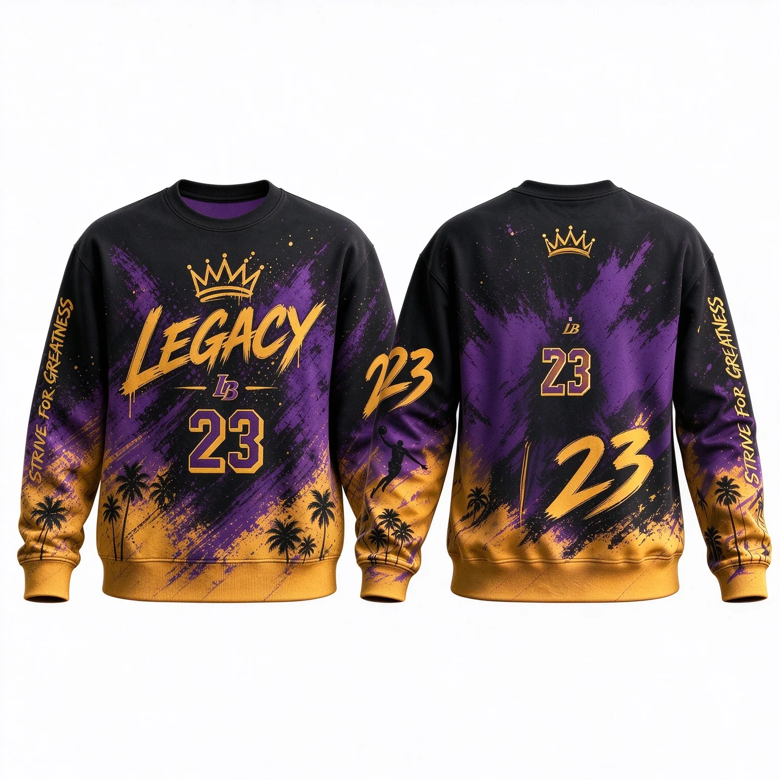 Basketball Crewneck Sweatshirt Men Women 23 Crown Print Purple Gold Splash Ink Oversized Streetwear Casual Long Sleeve Pullover