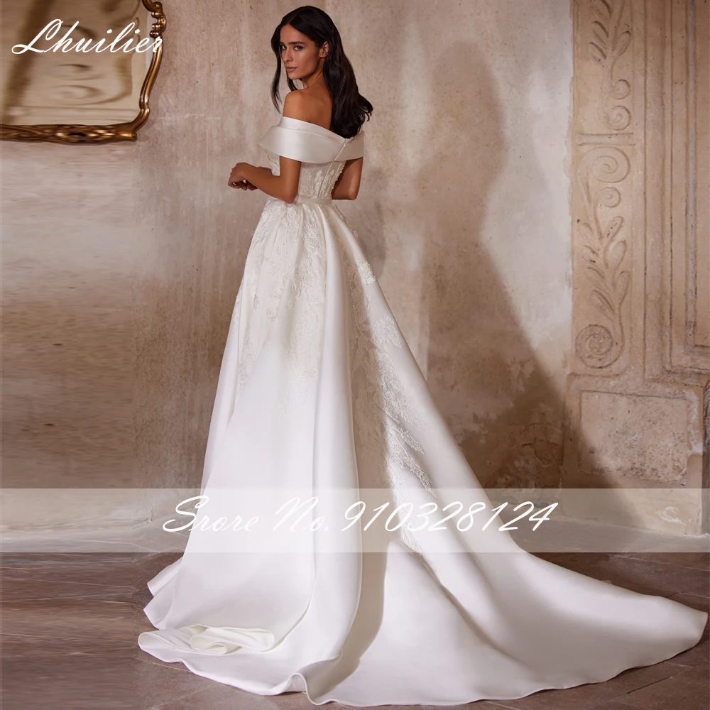 Lhuilier 2 in 1 Mermaid Satin Wedding Dresses Floor Length Off the Shoulder Beaded Bridal Gowns with Detachable Train