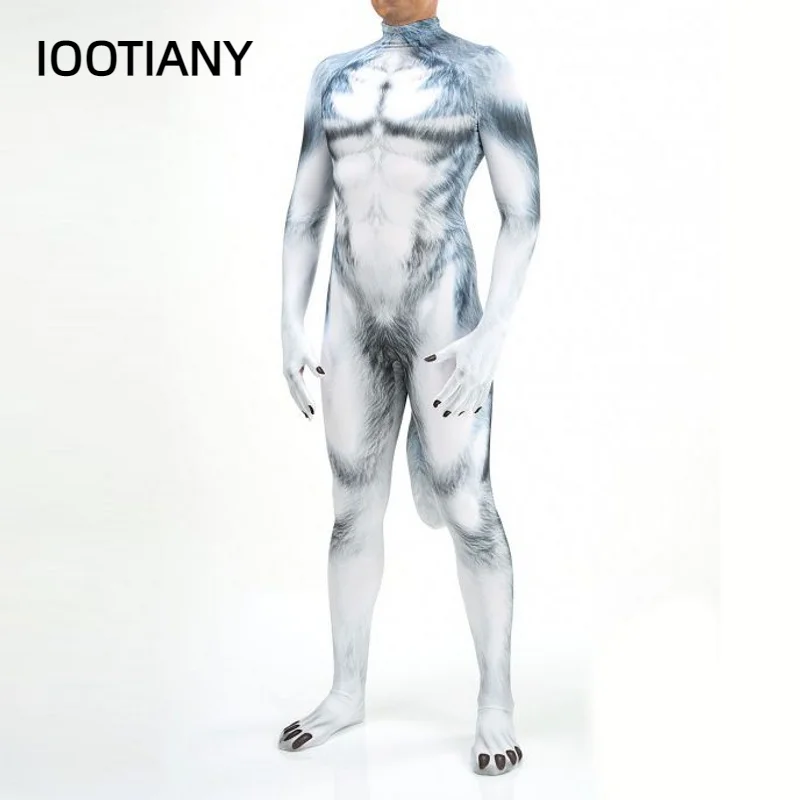 IOOTIANY Halloween nadruk z wilkiem body kostiumy Cosplay przerażające przyjęcie kombinezony kombinezony kombinezon Zentai z ogonem Unisex