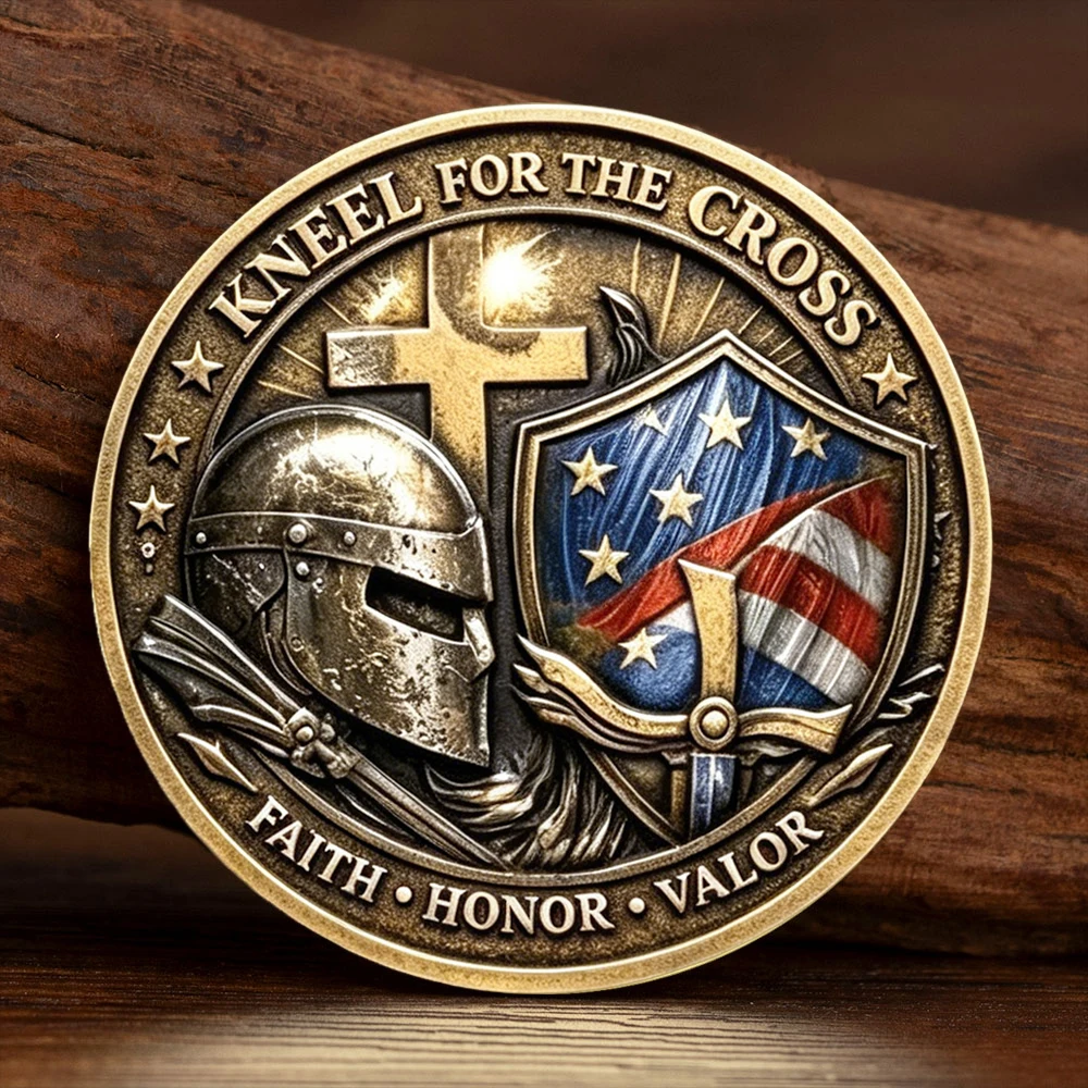 2D Knight Templar American Flag Cross Gold Plated Challenge Coin Faith Honor Valor Collectible Coin Military Inspired Gift