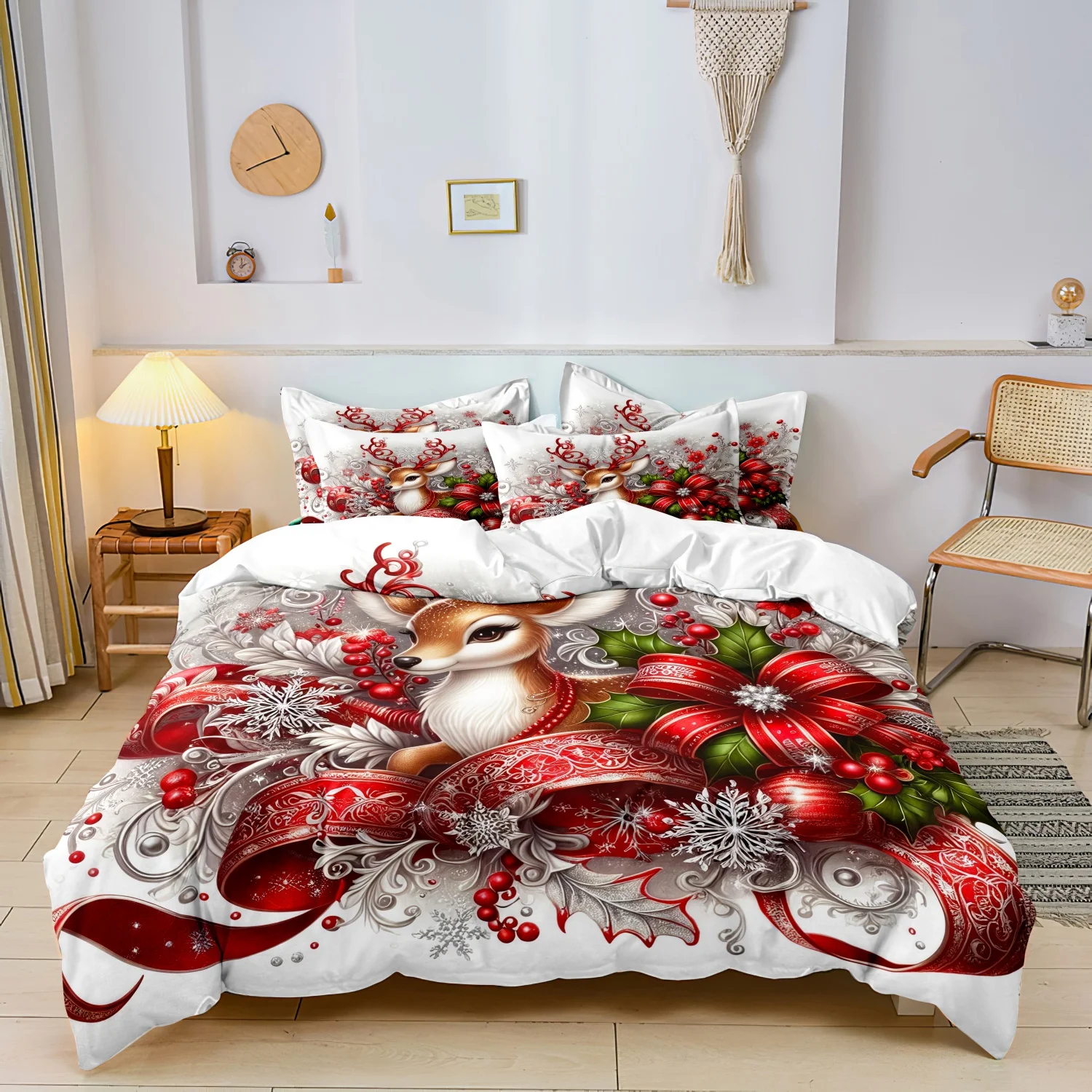 3Pcs Xmas Reindeer Bedding Set, Christmas Deer Snowflake Red Bow Print Duvet Cover, Soft Microfiber Holiday Bed Linens