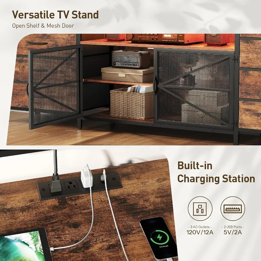 71 cômoda de suporte de TV para TV de 85/80/75 polegadas com tomadas de energia e luzes LED cômoda longa com 8 gavetas de tecido grande entretenimento