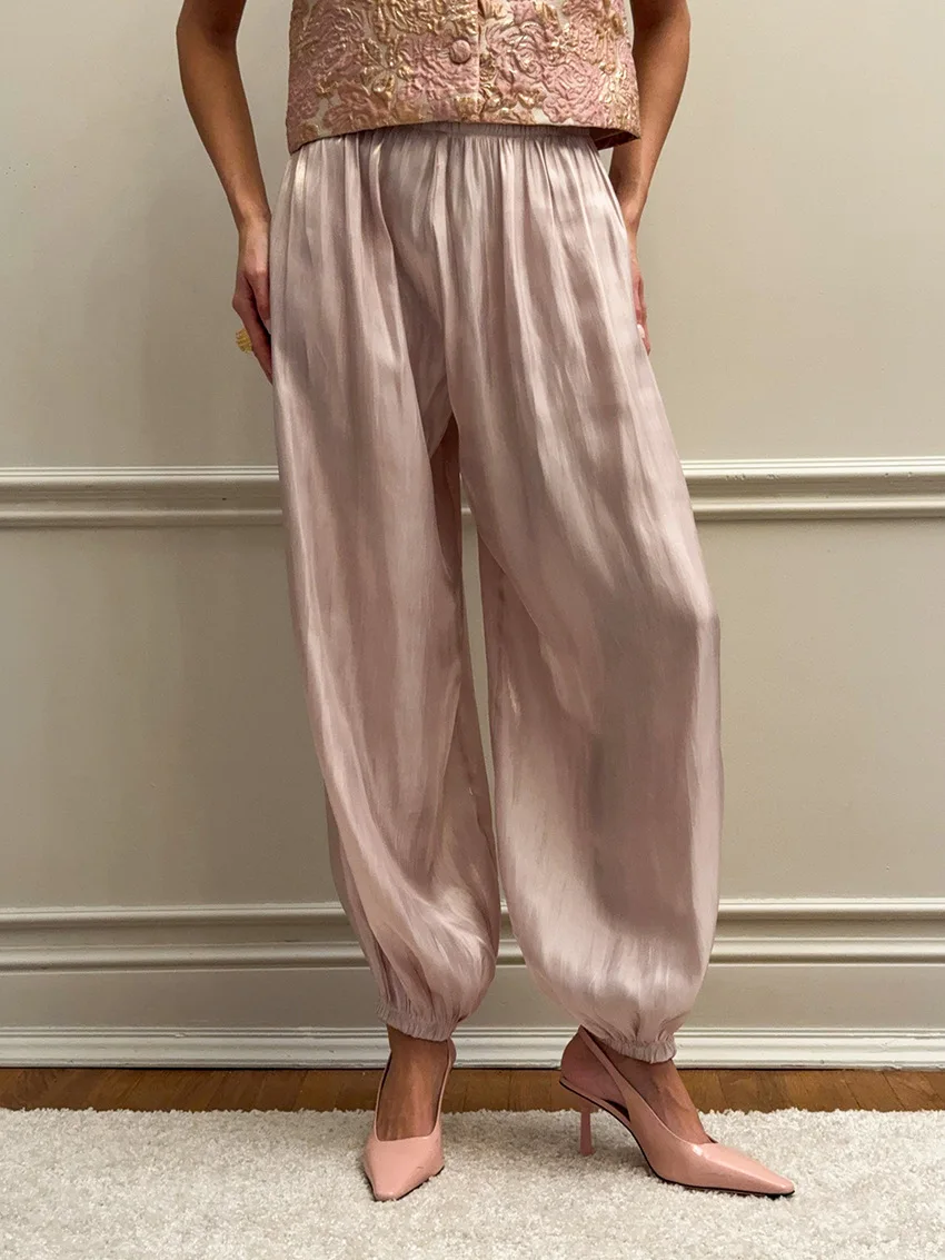 2026 Spring Summer New Loose Satin Lantern Pants Women Elegant High Waist Trousers Female Casual Thin Elastic Ankle Pants Women