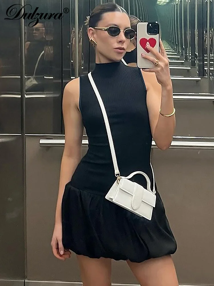 Dulzura com nervuras sem mangas retalhos bolha mini vestido sólido sem costas apertado clube streetwear
