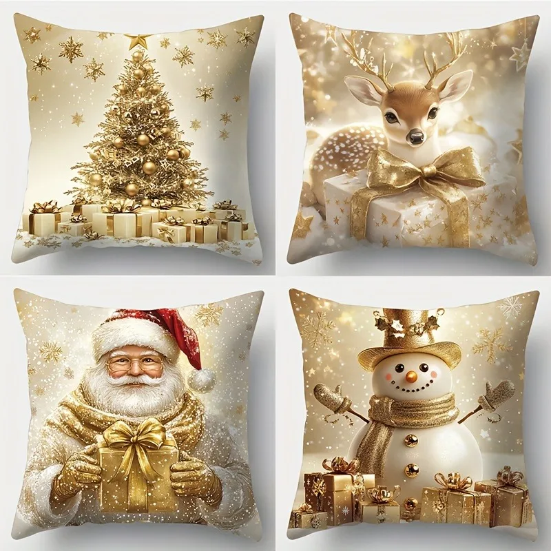 Christmas artistic dazzling golden Christmas tree, deer, Santa Claus snowman pattern pillowcase room living room sofa decoration