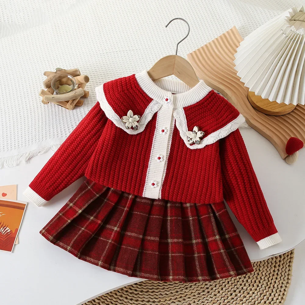 Girls\' Knitted Two-piece Set Flower Golilla Knitting Cardigan+tartan Skirt  Baby Girl Winter Clothes  Kids   Knitted Sweater