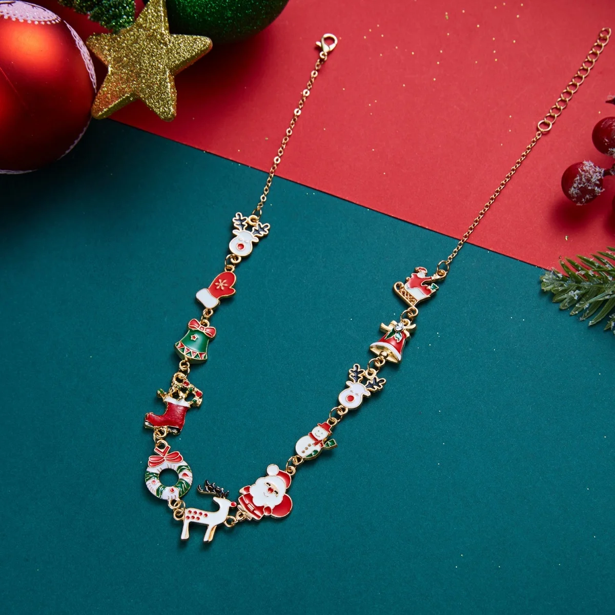 Weihnachtsbaum, Schneemann, Weihnachtsmann, Kranz, rote Kristall-Halskette für Damen und Herren, Weihnachten, Schneeflocken, Glocken, Hirsch, Halsband, Neujahrsschmuck – Detail 28