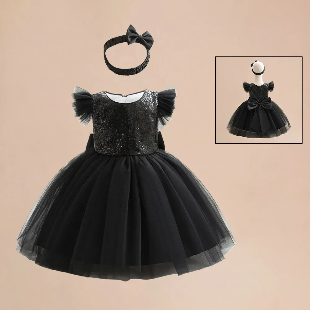 Fluffy Christmas Girls Princess Black Dress Sequins Halloween Baby Kids Evening Party Prom Gown Tulle Summer Children Dresses