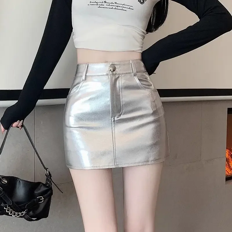 Silver Pu Leather Skirt Women's New Design High Waist A Word Bodycon Short Skirt