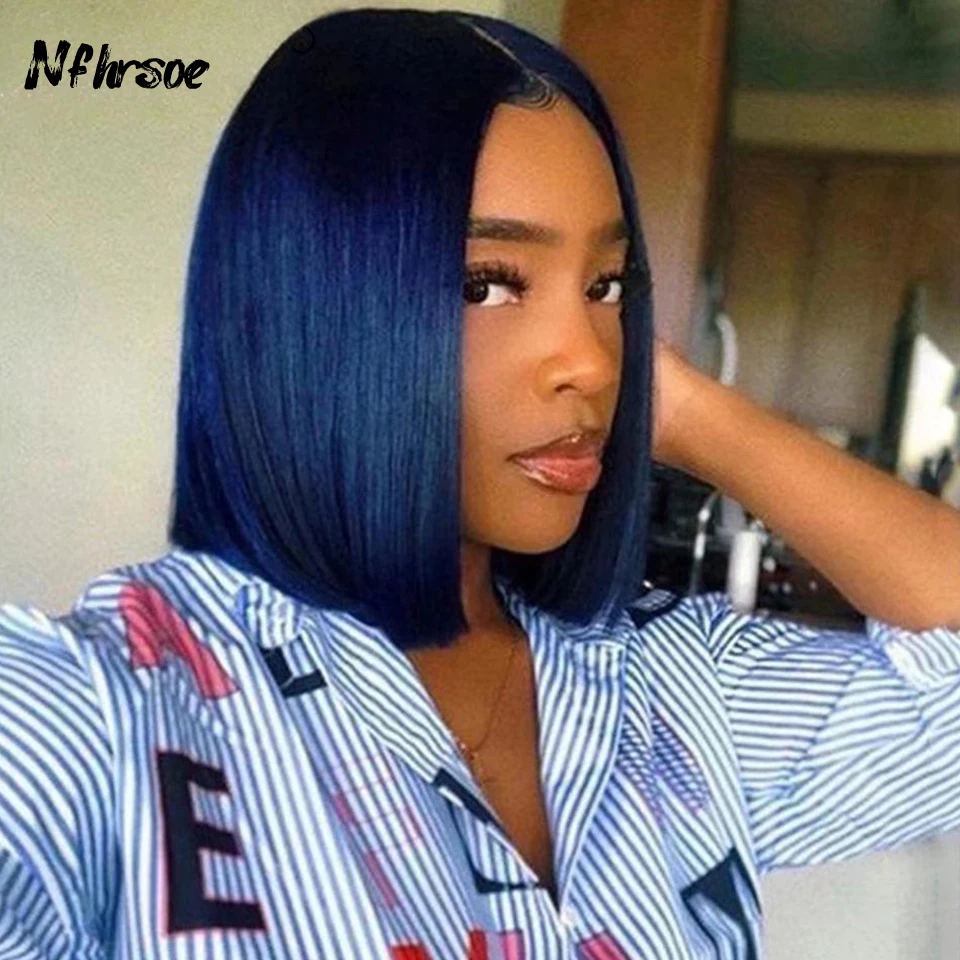 

Highlight Dark Blue Short Bob Wig 180% Density 13x4 Lace Front Human Hair Wigs Brazilian Remy 13x6 Lace Frontal Wig Glueless