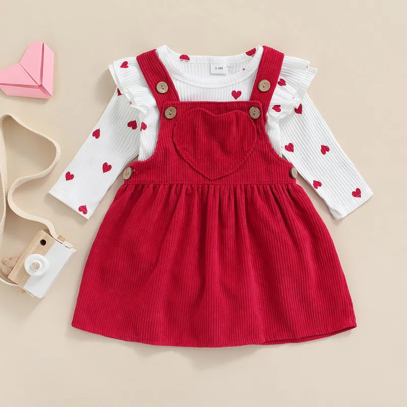 0 to 18 Months Baby Girl Skirt Sets Spring Autumn Clothes Heart Pattern Ruffle Long Sleeve Bodysuit + Suspender Skirt