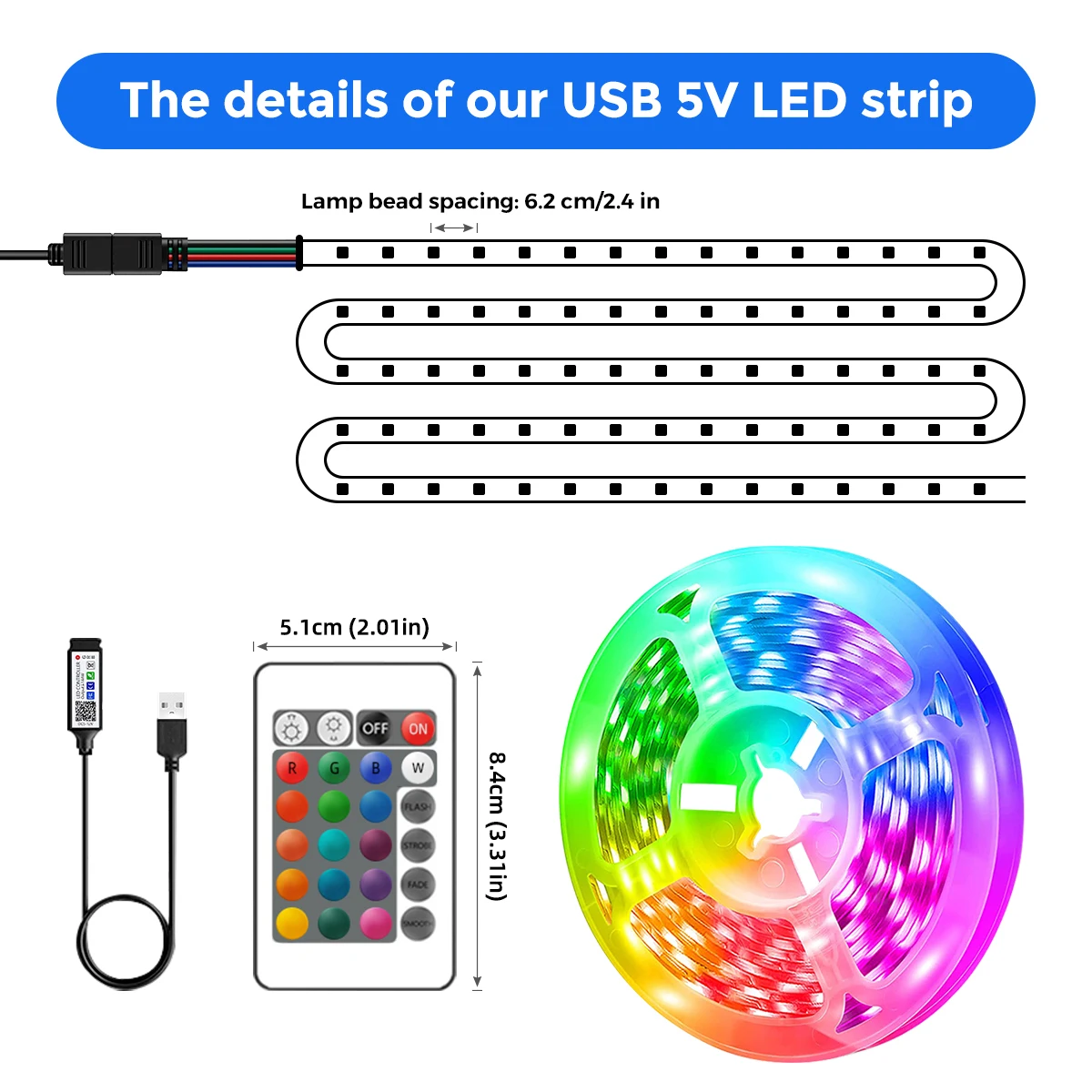 LED Strip Lights RGB 5050 ,5V 1M-30M,16 million colors, RGB , Led Strip Lighting Music Sync, Color Changing for Party Home