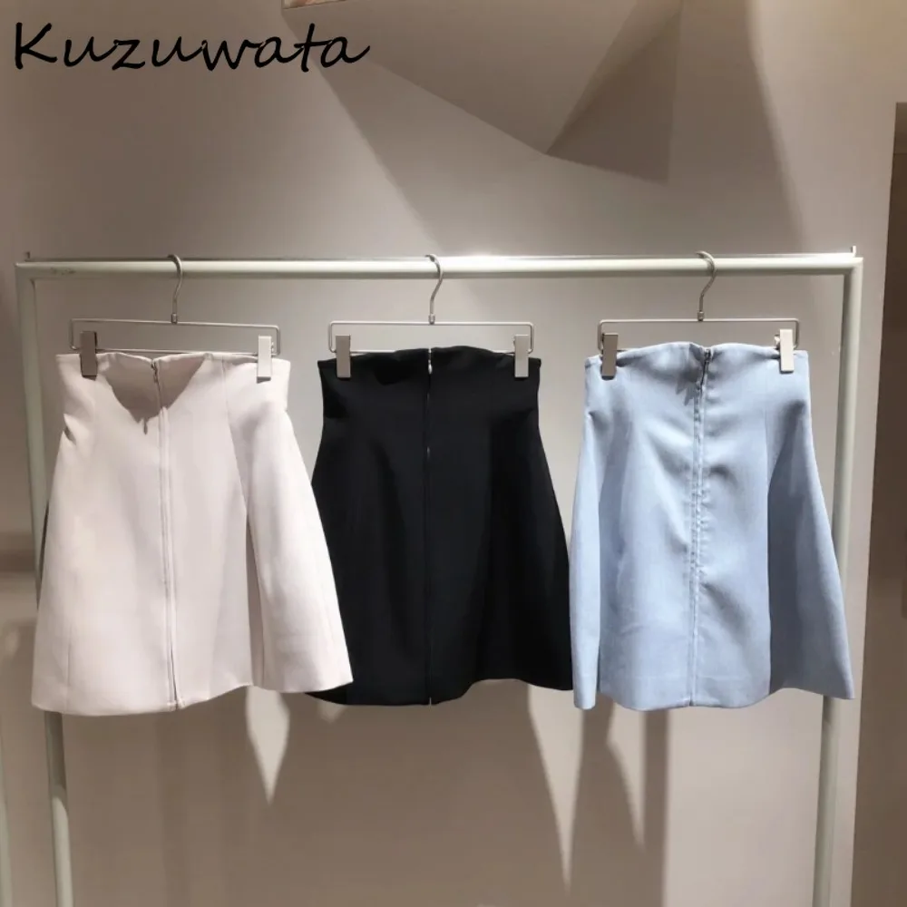 Kuzuwata Solido A Vita Alta A-line Zip Mujer Faldas Slim Fit Casual Increspato Gonna Elegante Giappone Nuovo All-match Aderente Moda Faldas