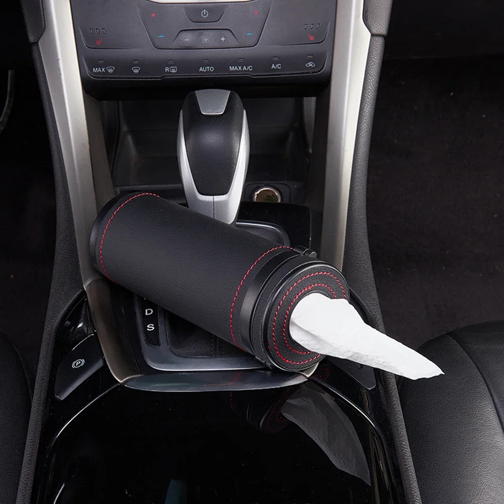 Car Multifunctional Tissue Holder Leather Tissue Storage Box Round Paper Tube Safety Broken Window Tissue Cup with Safety Hammer