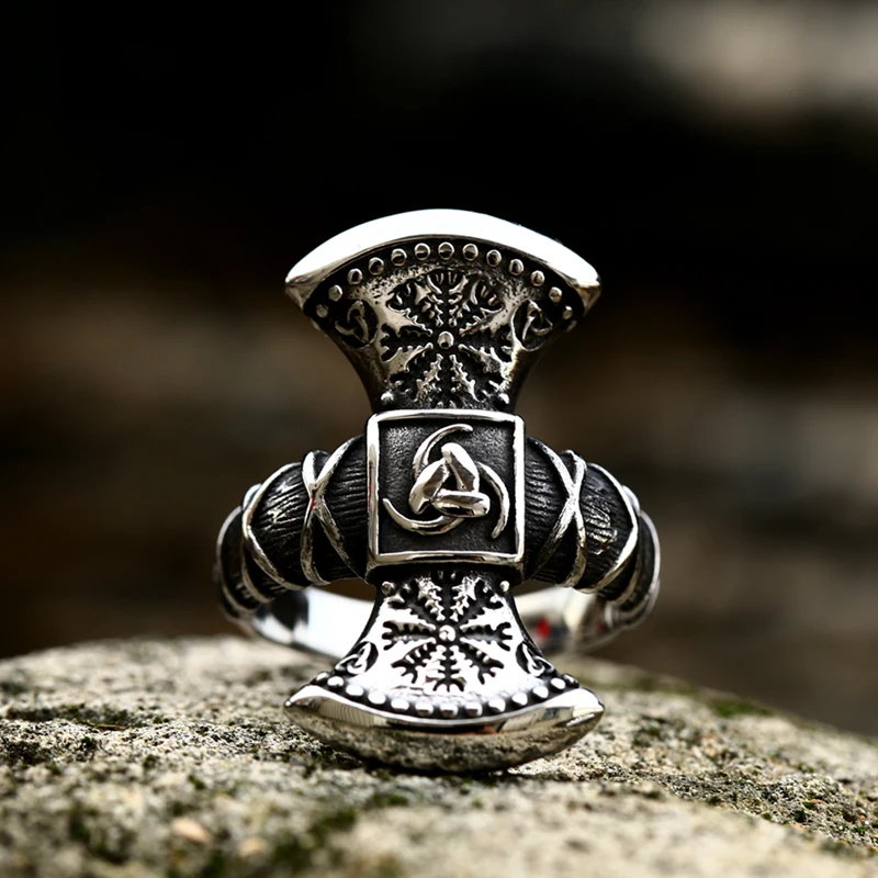 2022 Beier New Creative Design Viking Double Axes Axe Compass Ring Men Boy Nordic Viking Wholesale