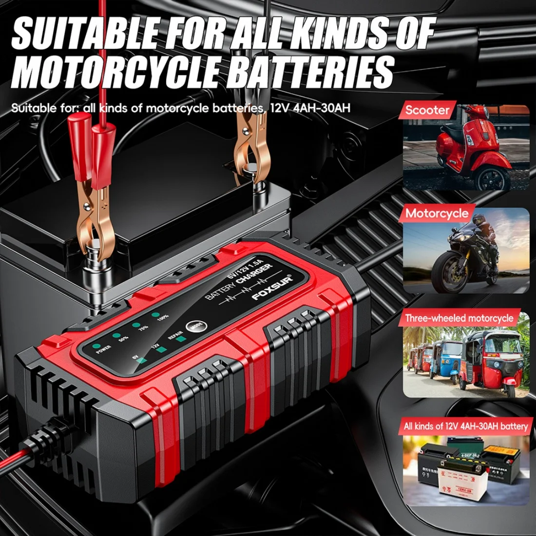 FOXSUR FBC061215E 6V 12V 1.5A Car Battery Charger 4AH-30AH 50-60Hz 100-240V Motorcycle LiFePo4 AGM EFB GFL Battery Maintainer - view 5